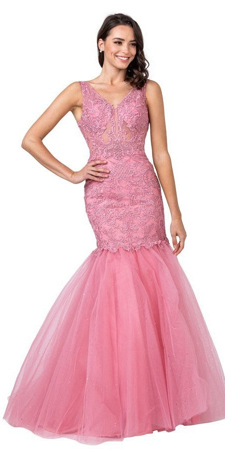 Misty Rose Appliqued Mermaid Long Prom Dress