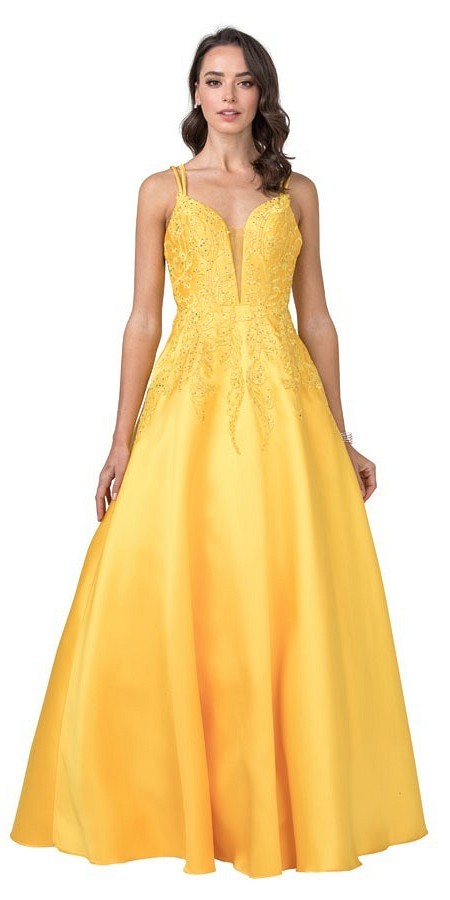 Embroidered Long Prom Dress with Pockets Marigold