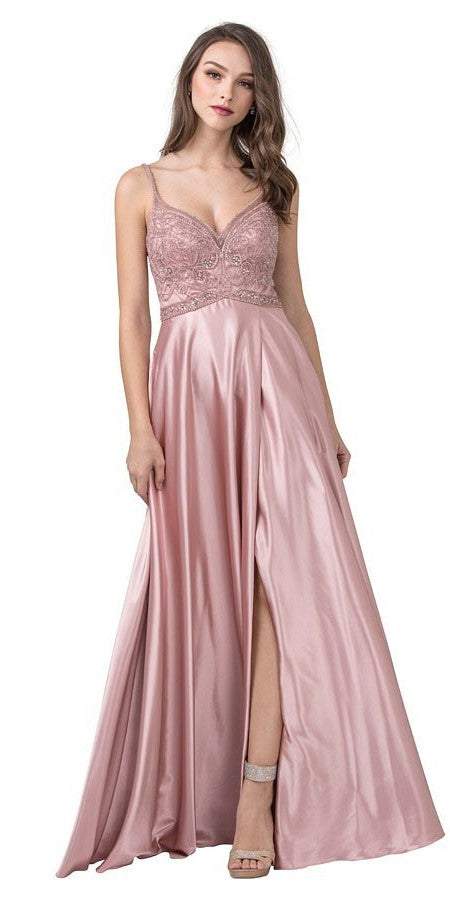 Dusty Blush Beaded Long Prom Dress with Cut-Out Back and Slit