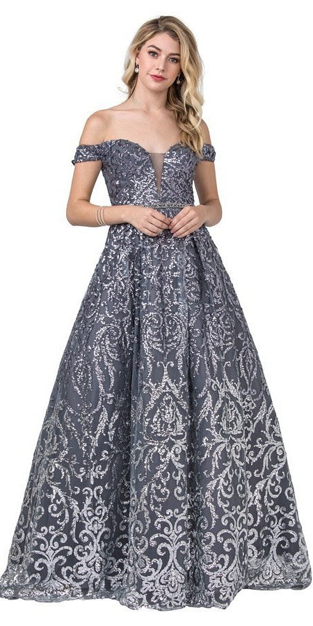 Charcoal Off-Shoulder Sequins Long Prom Dress 