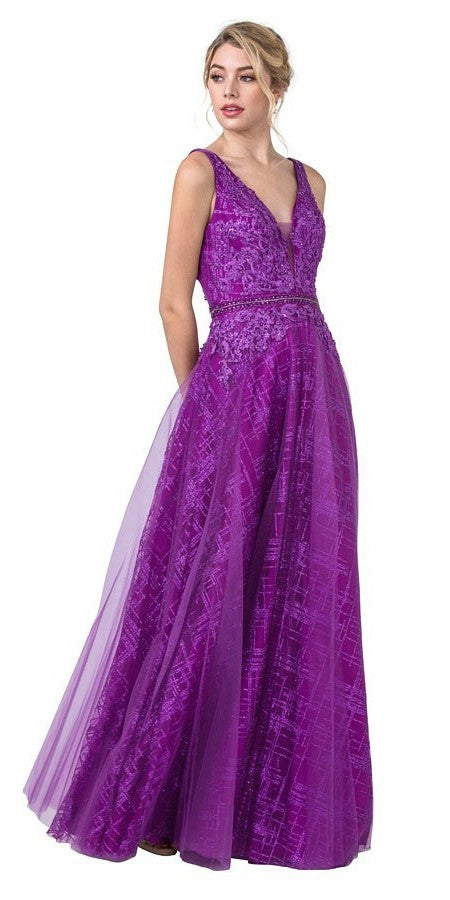 Long Purple Prom Dress V-Neck and Back with Appliques