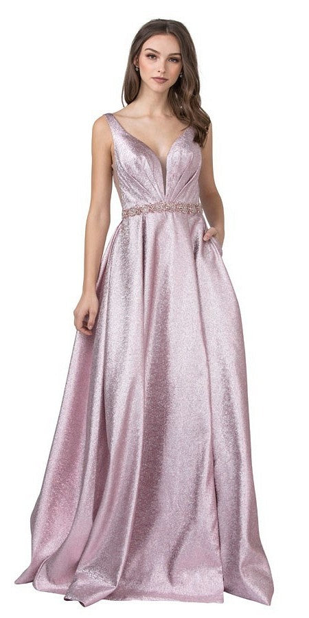 Pink Metallic Long Prom Dress with Pockets and Slit