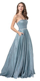 Glitter-Knit Long Strapless Prom Dress with Pockets Ice Blue