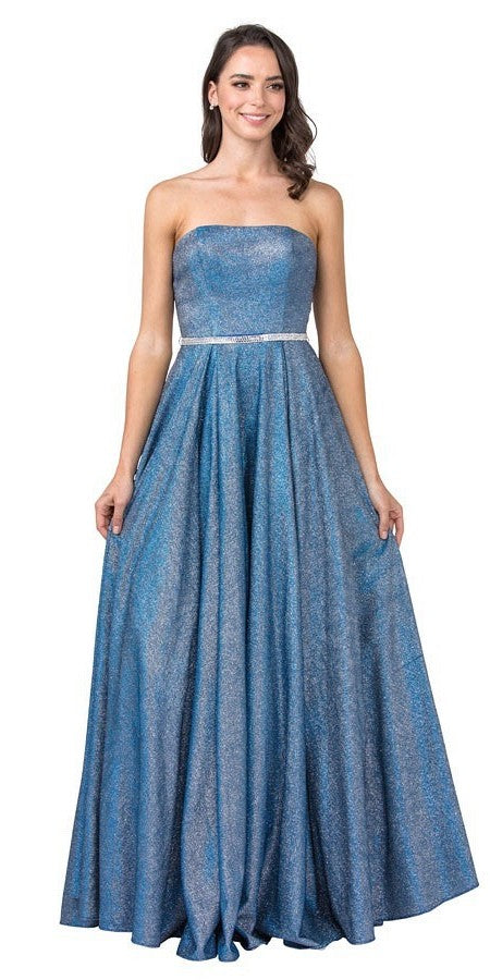 Glitter-Knit Long Strapless Prom Dress with Pockets Royal Blue
