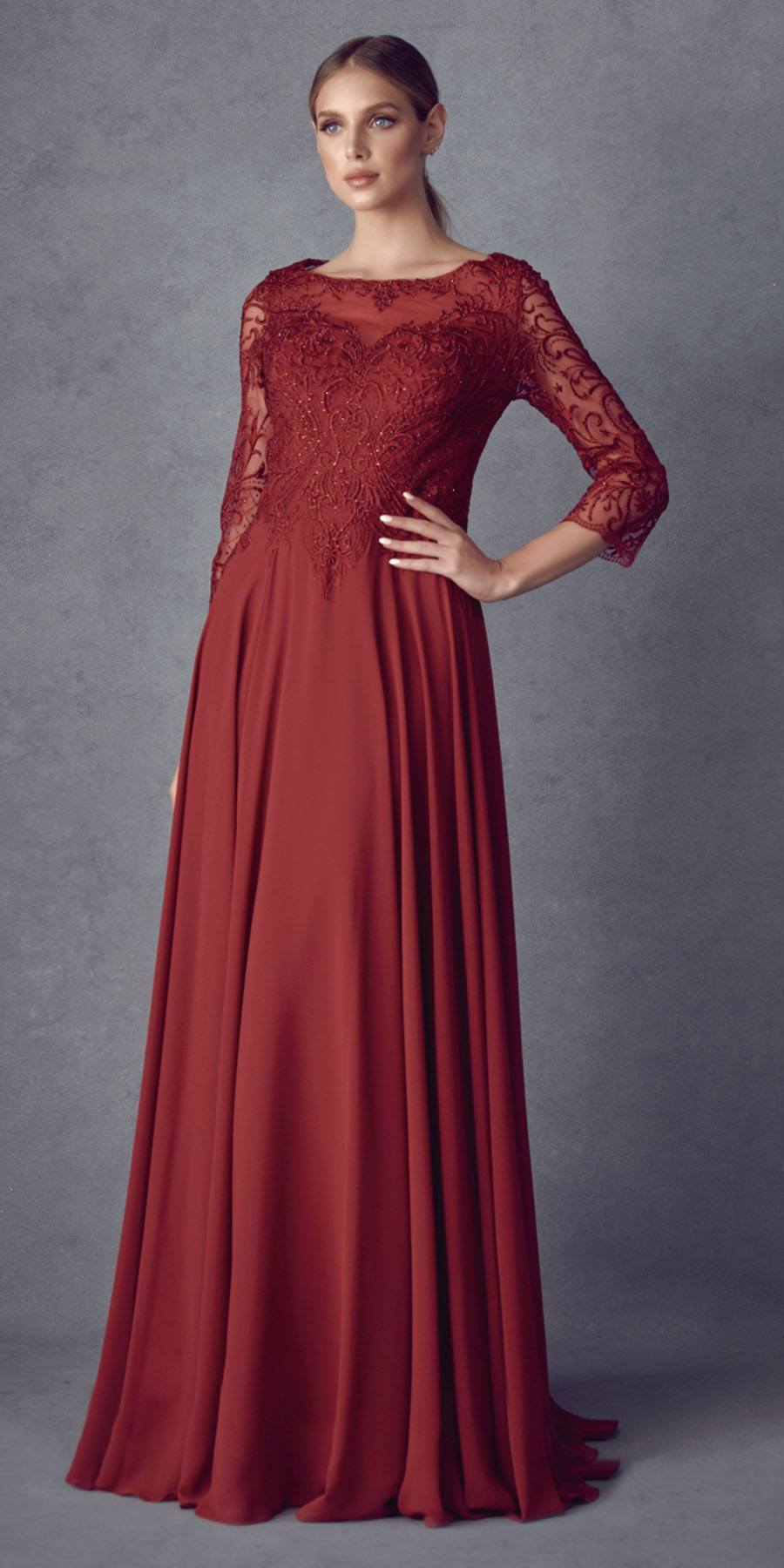 Juliet M11 Appliqued Long A-Line Dress Chiffon Quarter Sleeves - Burgundy /  L