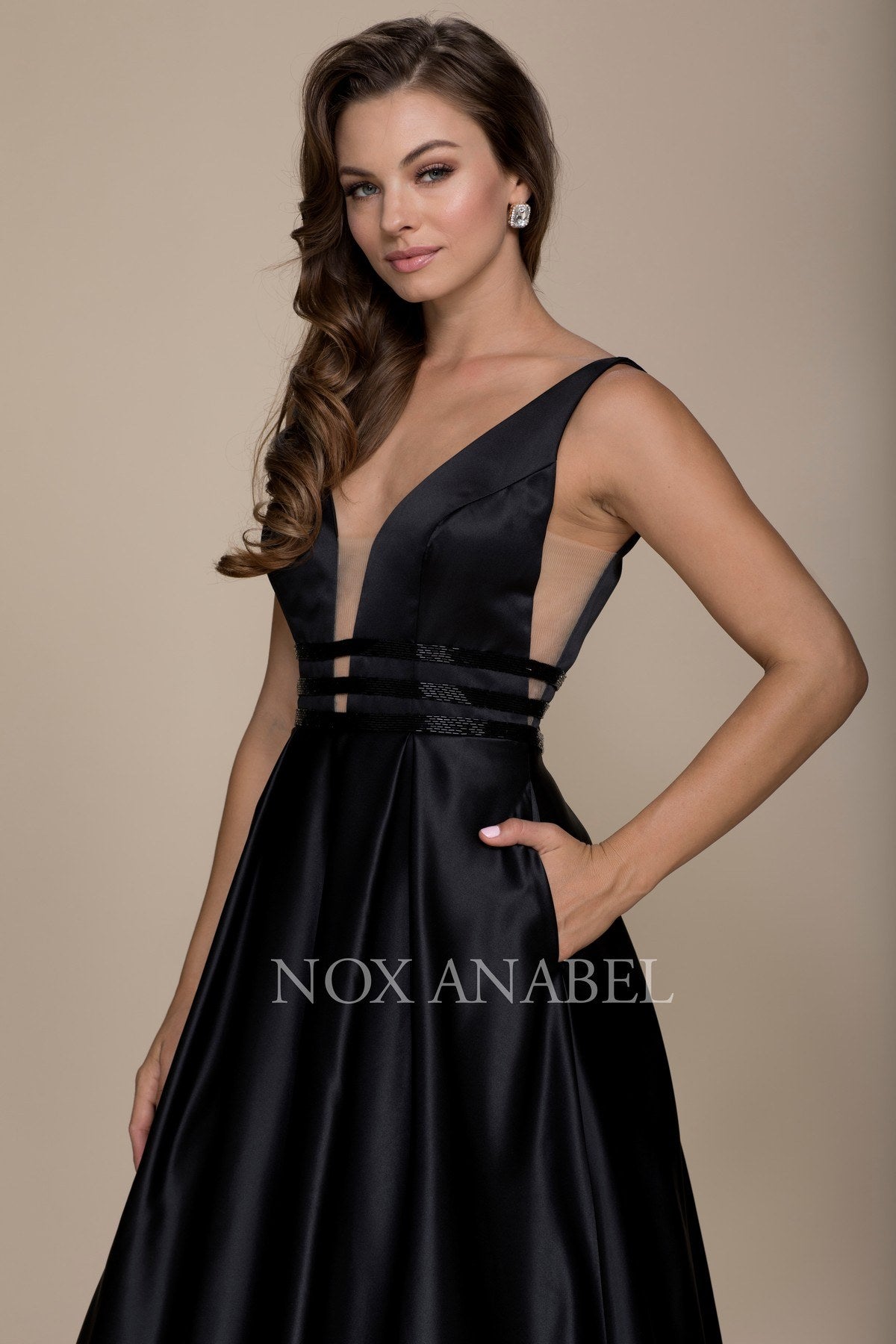 Black V-Neck Long Prom Dress Sheer Cut Out with Pockets