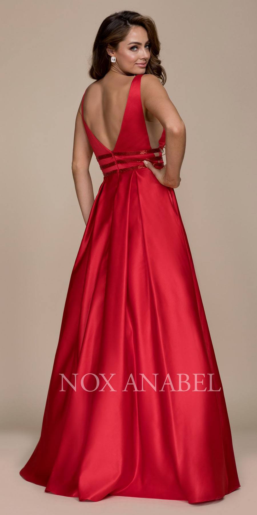 Red V-Neck Long Prom Dress Sheer Cut Out with Pockets