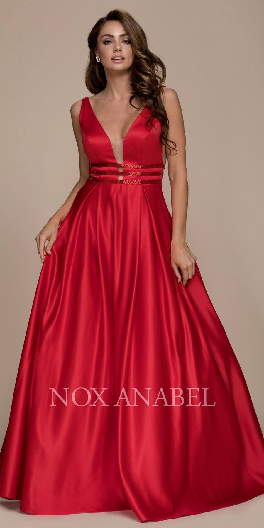 Red V-Neck Long Prom Dress Sheer Cut Out with Pockets