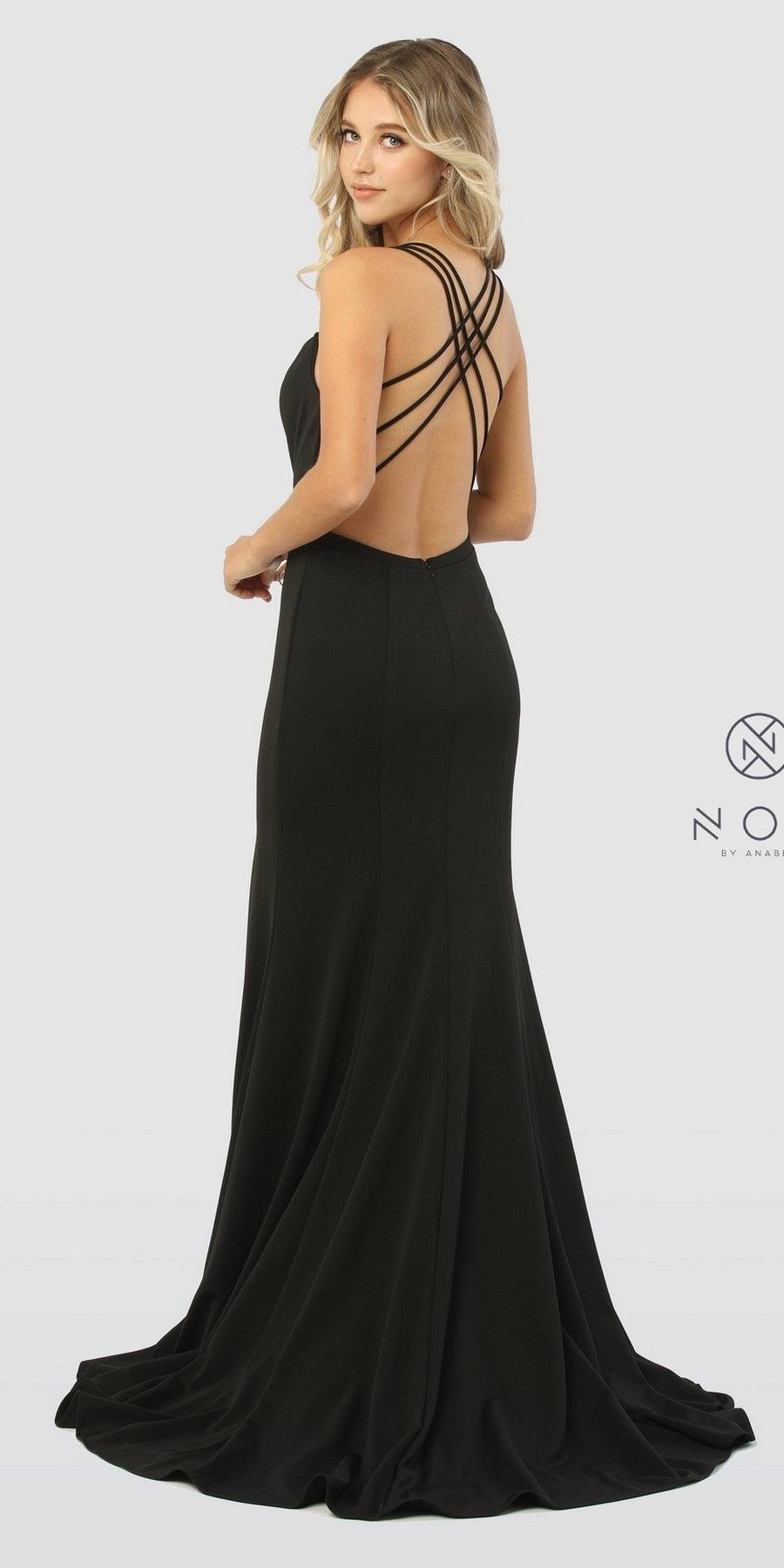 Strappy Back Long Black Prom Dress with Slit 