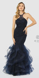 Tiered Mermaid Prom Gown Navy Blue Cut-Out Back