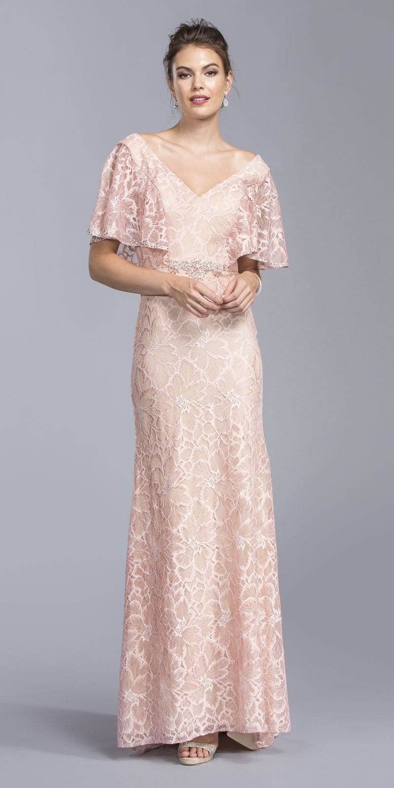 Dusty Rose V-Neck Long Formal Lace Dress V-Neck with Flutter Sleeves