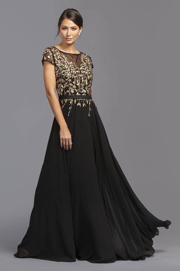 Short Sleeves Black/Gold Embroidered Long Formal Dress