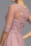 Sheer Mid-Length Sleeve Long Formal Dress Dusty Rose
