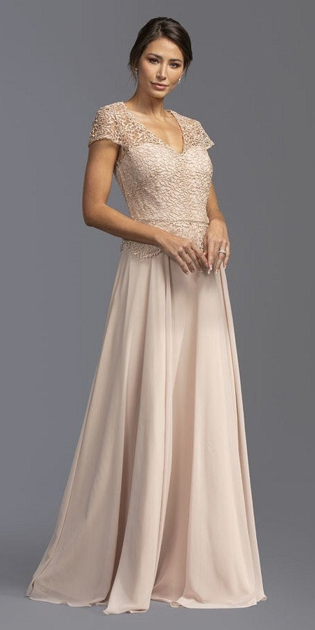 Crocheted-Lace Bodice A-Line Long Formal Dress Champagne
