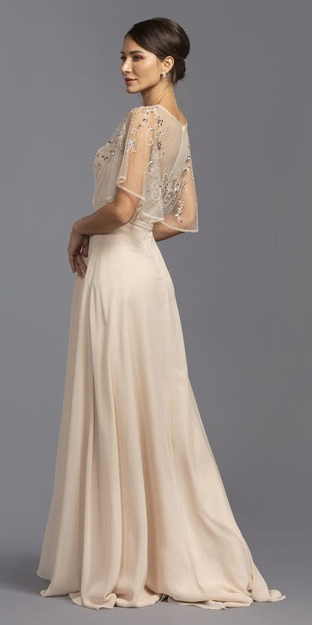 Champagne A-Line Long Formal Dress with Beaded Poncho