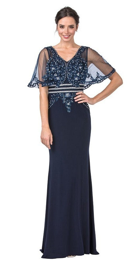 Long Formal Dress with Illusion Beaded Cape Navy Blue