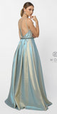 Blue Gold Metallic Prom Ball Gown Embellished Waist Open-Back