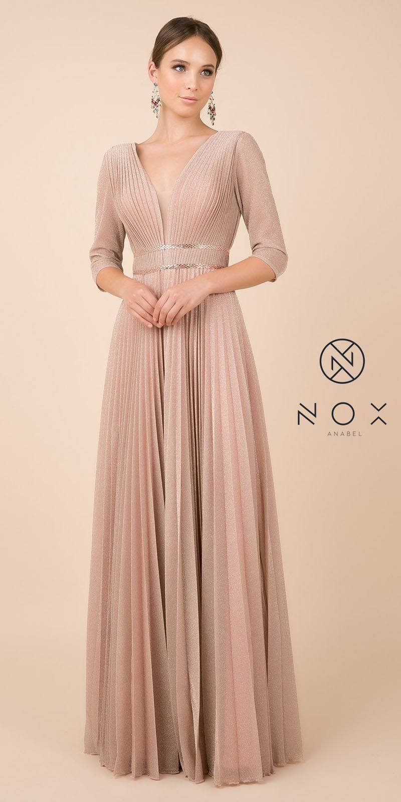 Rose Gold Glitter Pleated Long Formal Dress V-Neck 