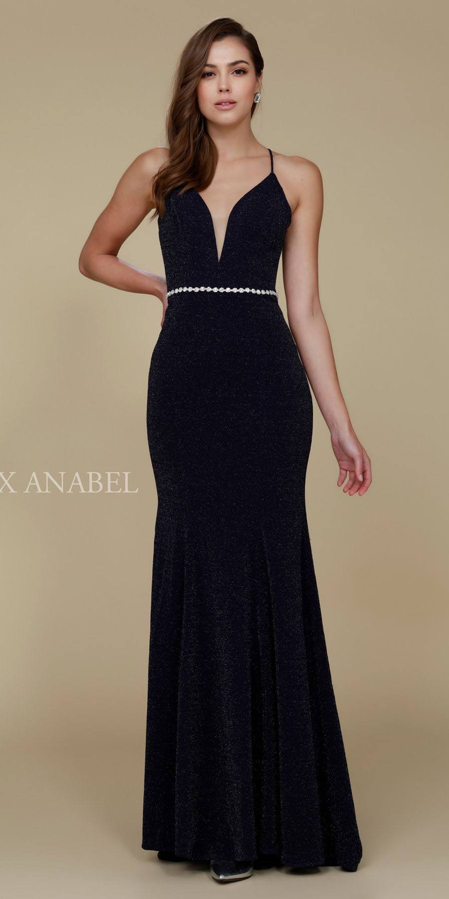 Nox Anabel N160 Navy Blue Full Length Formal Gown V Neckline
