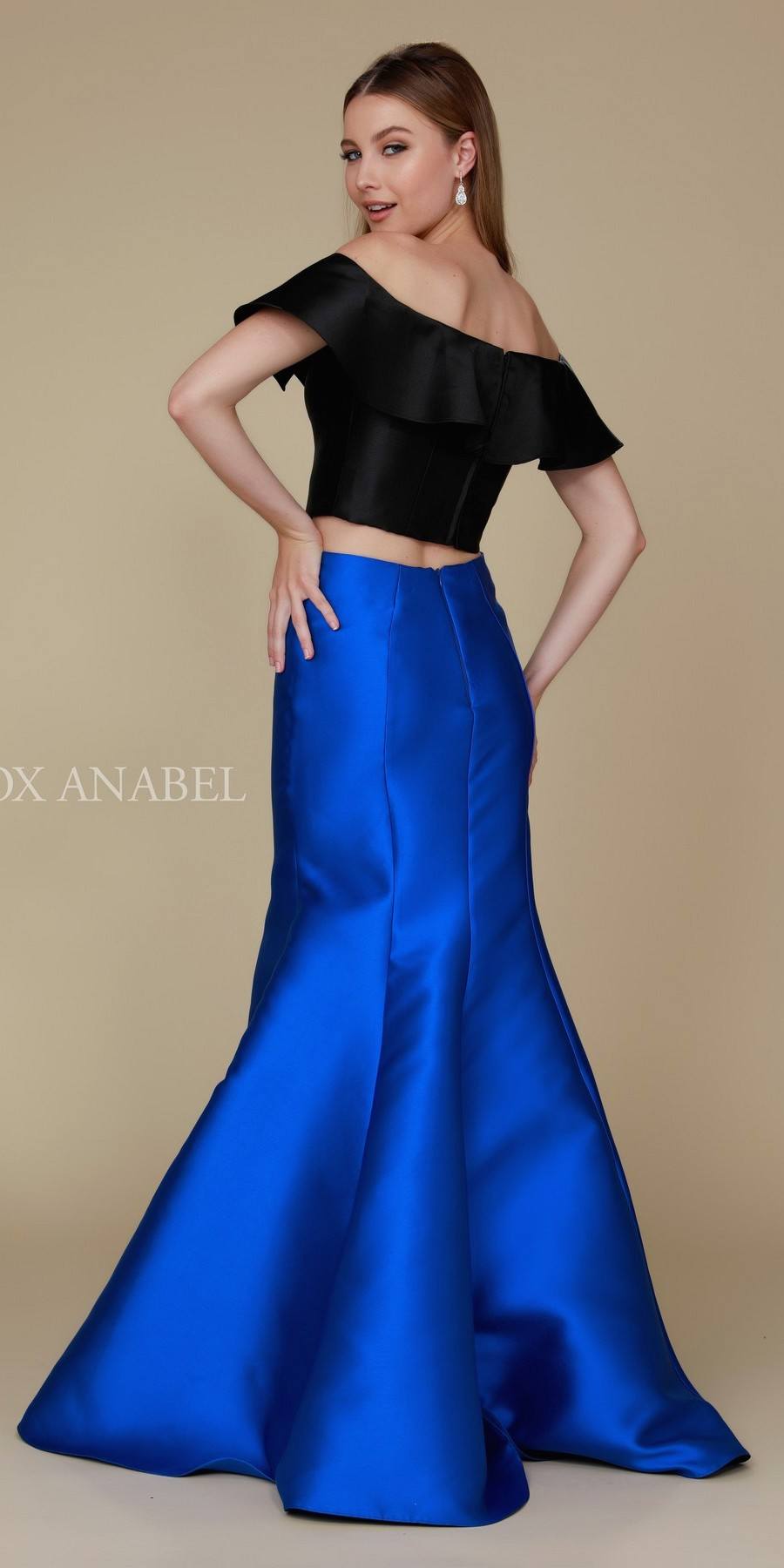 Royal Blue/Black Off Shoulder Mermaid Two-Piece Prom Gown Back View