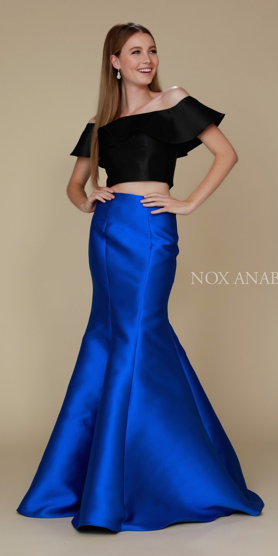 Royal Blue/Black Off Shoulder Mermaid Two-Piece Prom Gown