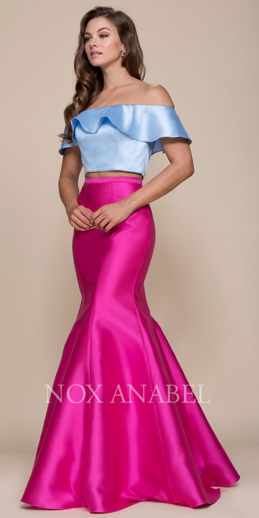 Fuchsia-Blue Off Shoulder Mermaid Two-Piece Prom Gown