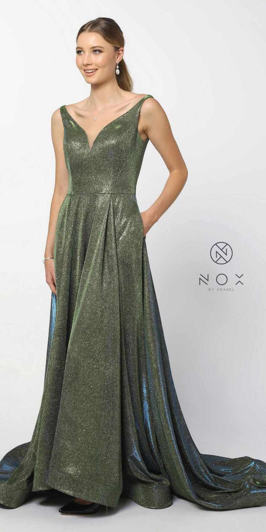 Green Gold Metallic A-line Long Prom Dress V-Neck and Back
