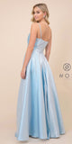 Metallic Long Prom Dress Blue with Pleated Bodice