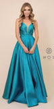 Metallic Long Prom Dress Peacock with Pleated Bodice