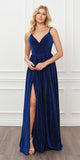 Nox Anabel R356 Black/Royal Blue Deep V-Neck Long Prom Dress with Slit