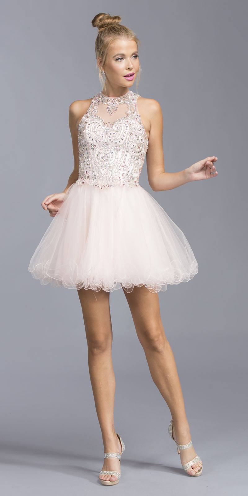 Illusion High Neckline Cut-Out Back Short Homecoming Dress
