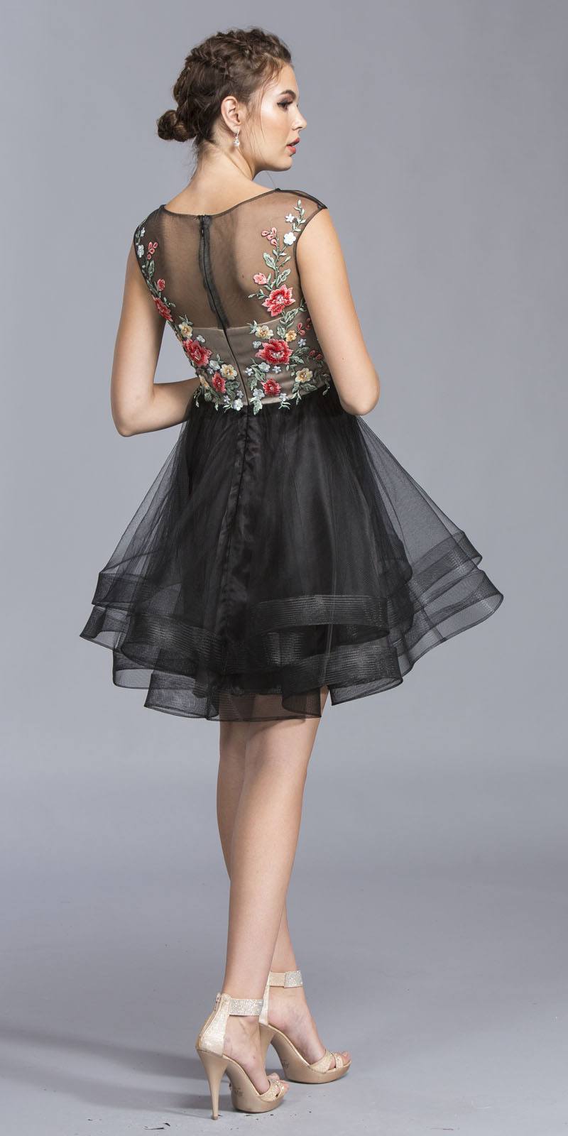 Black Cap Sleeves Embroidered Homecoming Short Dress