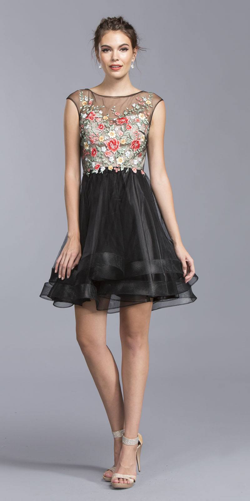Black Cap Sleeves Embroidered Homecoming Short Dress