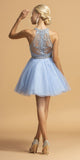 Embroidered Halter Short Homecoming Dress Baby Blue