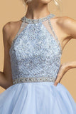 Embroidered Halter Short Homecoming Dress Baby Blue