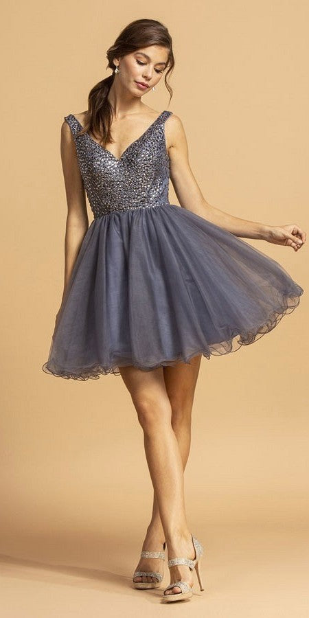 V-Neck Beaded Homecoming Short Dress Slate Blue