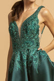Hunter Green Appliqued Short Homecoming Dress with Pockets