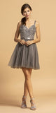 Beaded Bodice V-Neck Charcoal Homecoming Short Dress