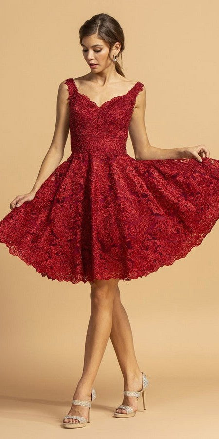 Lace Appliqued Homecoming Short Dress Burgundy