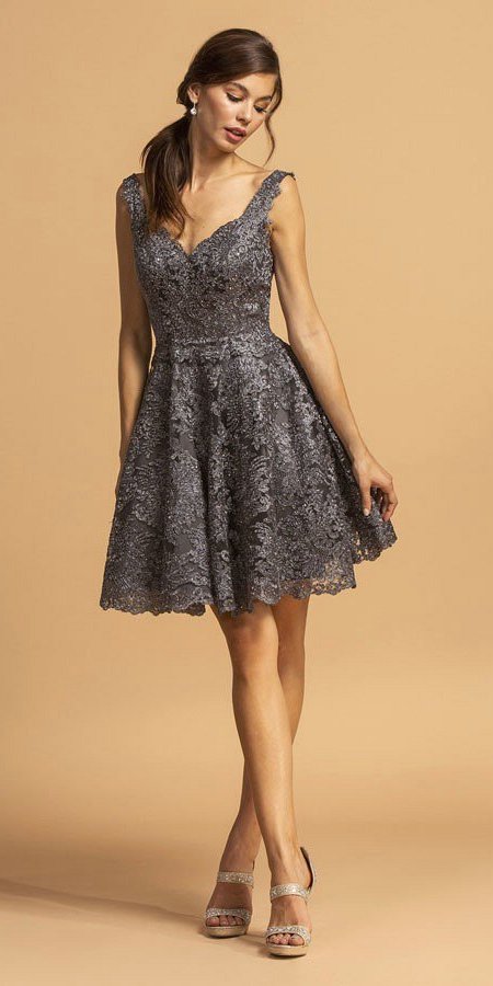 Lace Appliqued Homecoming Short Dress Charcoal