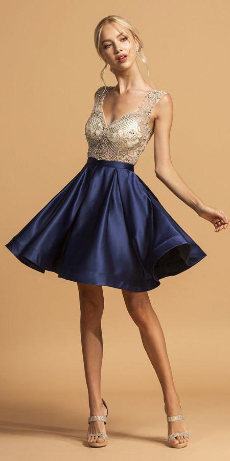 Navy Blue Satin Skirt Beaded Bodice Short Homecoming Dress