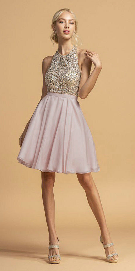 Halter Open-Back Beaded Short Homecoming Dress Mauve