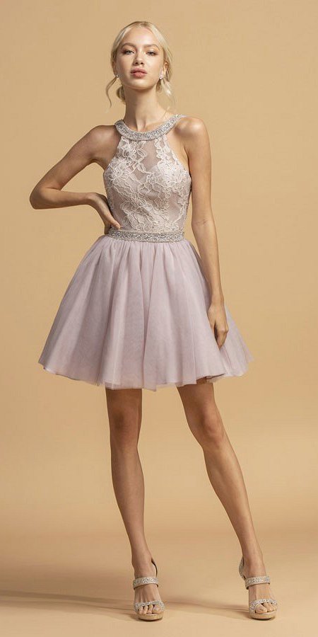 Mauve Short Homecoming Dress Illusion Lace Bodice