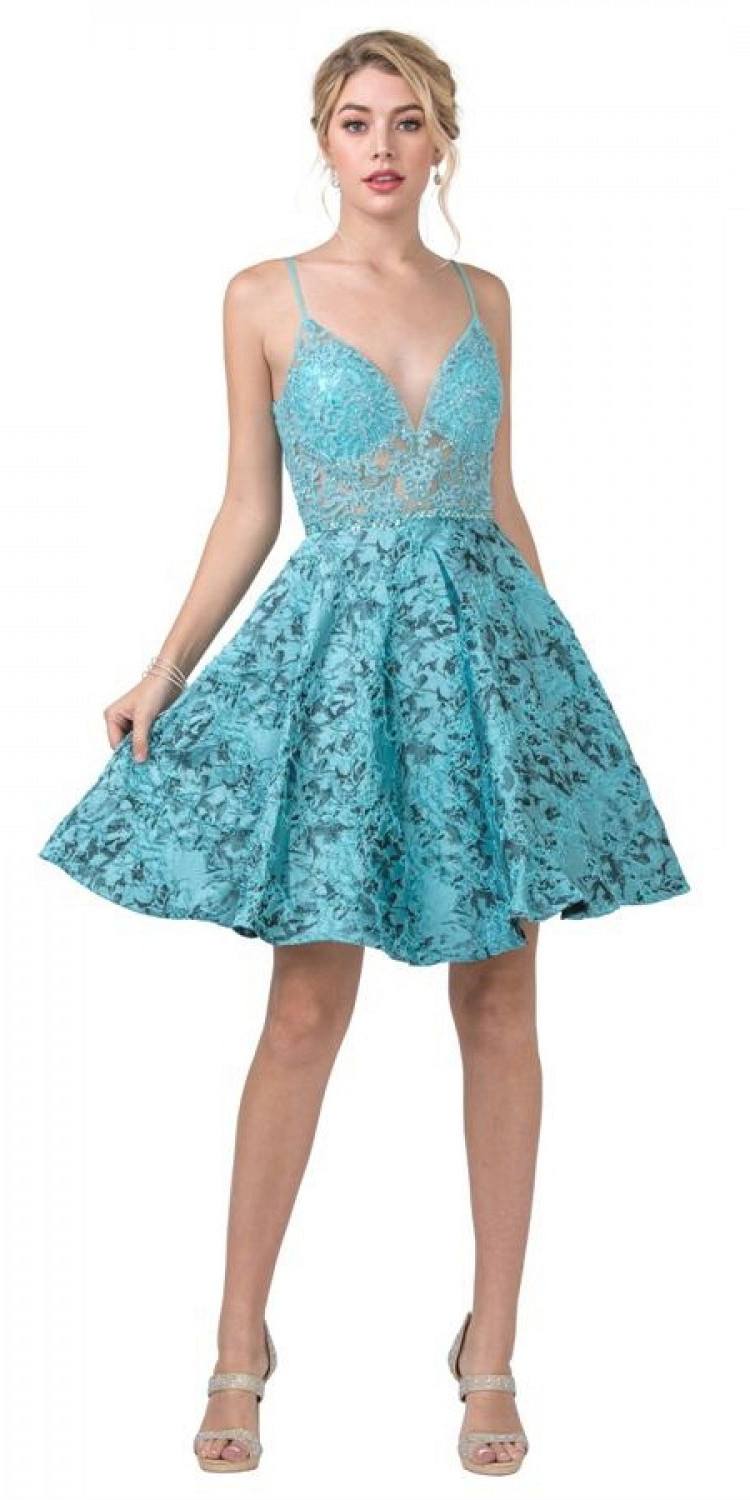 Aspeed USA S2277 Appliqued Ocean Blue Homecoming Short Dress Print Skirt with Pockets