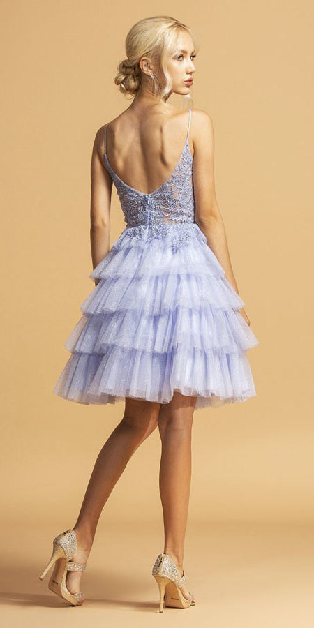 Appliqued Perry Blue Tiered Homecoming Short Dress