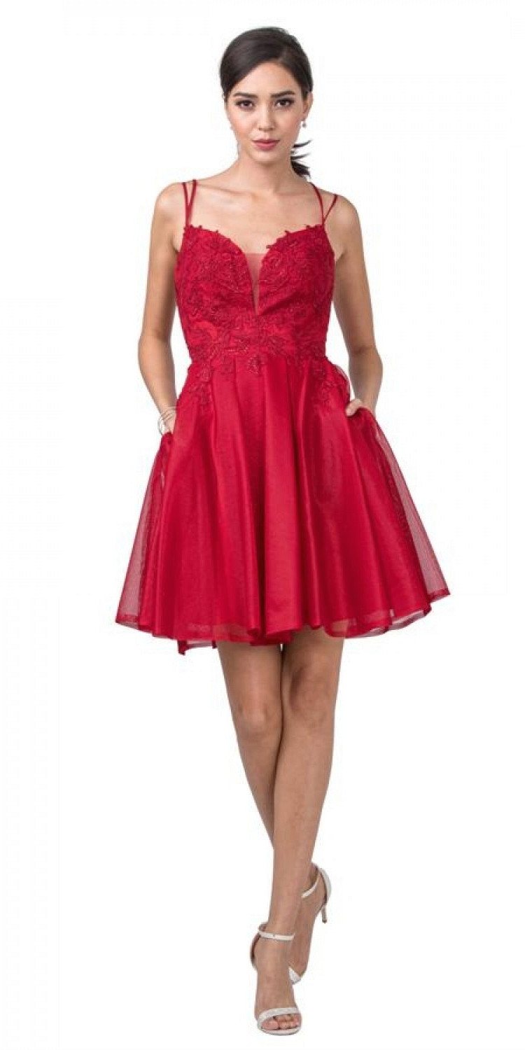 Aspeed Design S2318 Homecoming Short Dress Cut-Out Back with Pockets Burgundy
