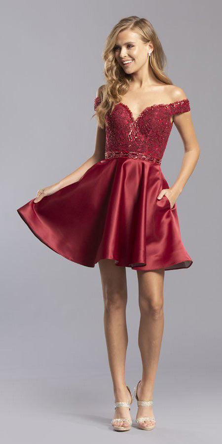 Off-the-Shoulder Homecoming Short Dress with Pockets Burgundy