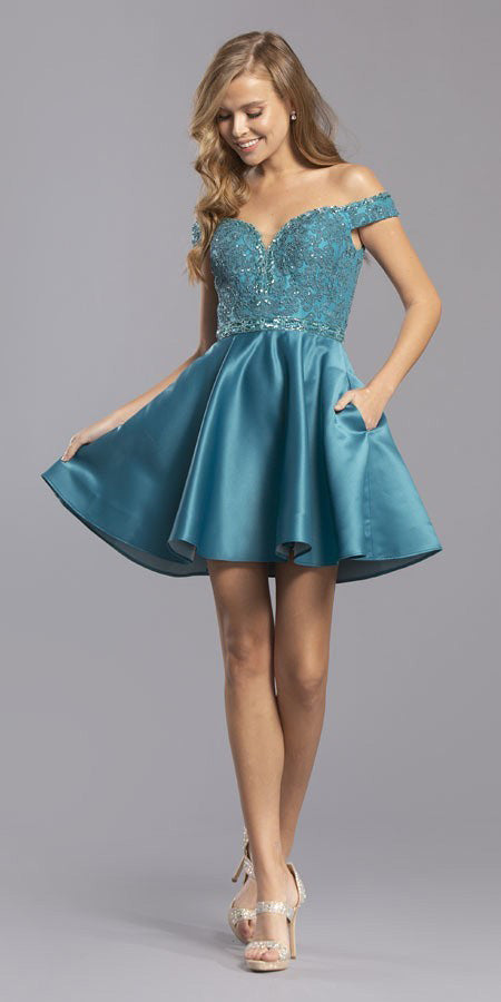Off-the-Shoulder Homecoming Short Dress with Pockets Teal