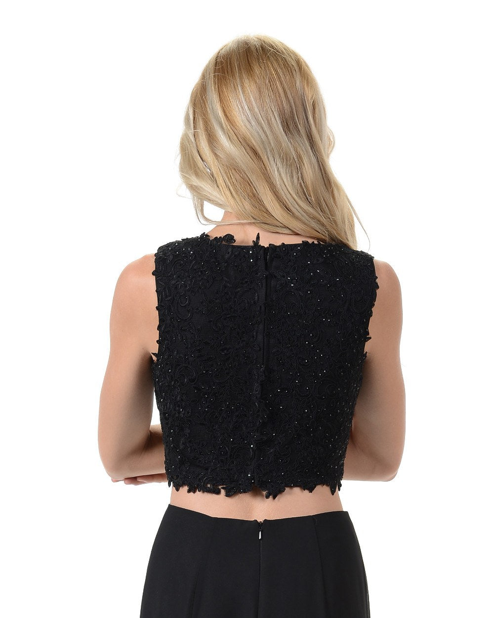 Poly USA T10 - Black Sleeveless Lace Crop Top Back View