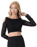 Poly USA T14 - Black Lace Cold Shoulder Crop Top With Long Sleeves